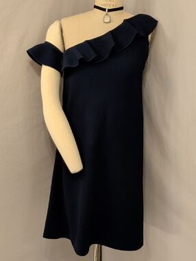 Vintage Designer Galanos Navy Blue One-Shoulder Ruffle Shift Dress Short 8/10fit